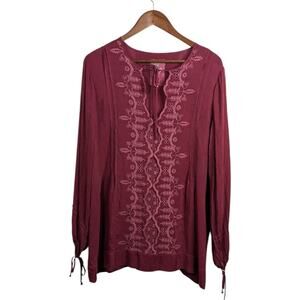 Johnny Was Tie Neck Tunic Medium Red Lace Embroidered Boho Romantic Artsy